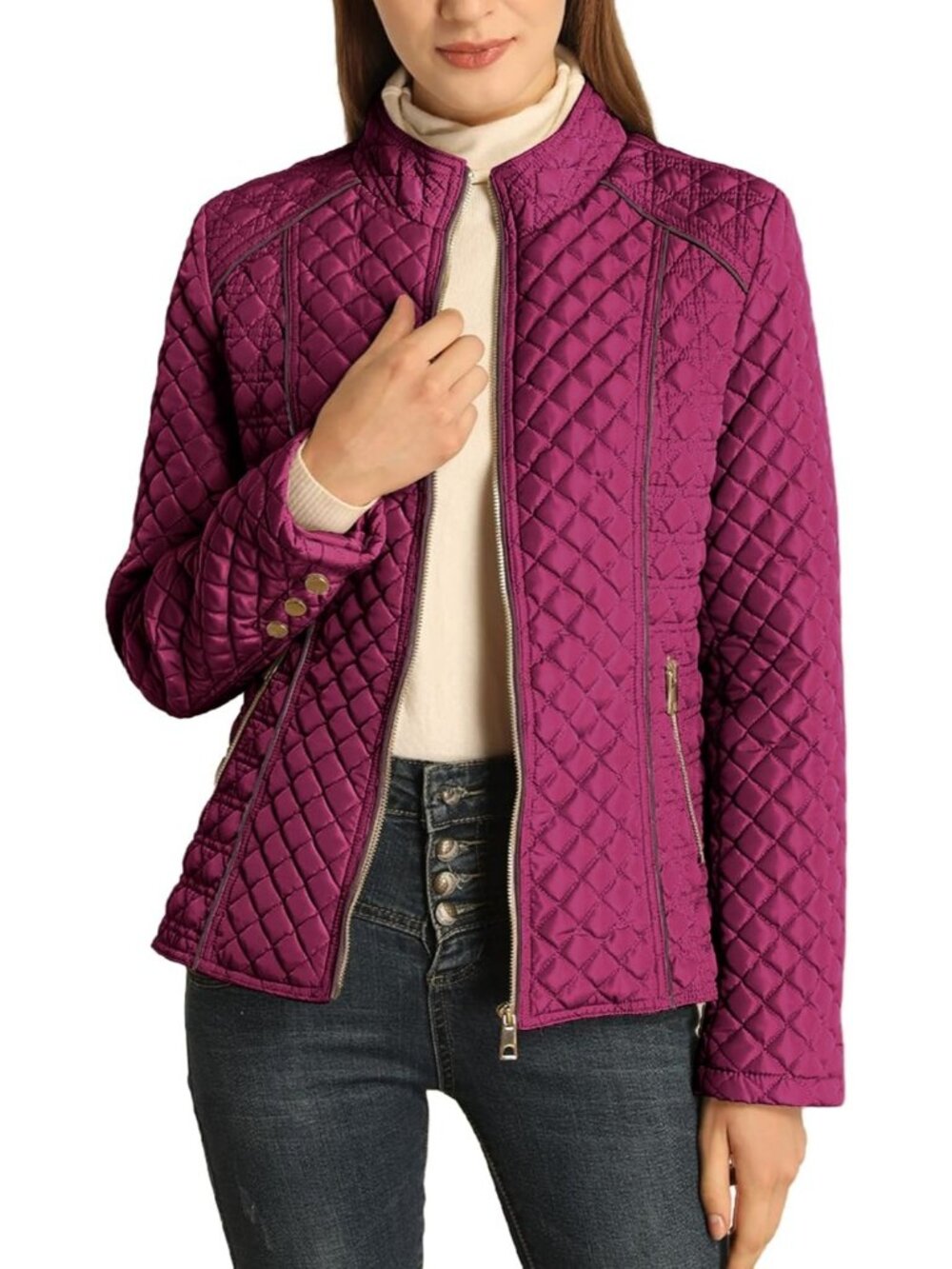 Women's Red Fleece-Lined Front Zipper Diamond Quilted Puffer Winter Jacket